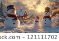 Cozy Winter Village. A charming winter village scene with snow-covered cottages, twinkling lights, and a festive atmosphere. 121111702