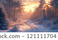 A breathtaking scene of a snowy forest with tall evergreen trees frosted with snow and sparkling with sunlight. 121111704