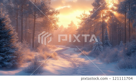 A breathtaking scene of a snowy forest with tall evergreen trees frosted with snow and sparkling with sunlight. A breathtaking scene of a snowy forest with tall evergreen trees frosted with snow and sparkling with sunlight. 121111704