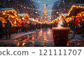 A lively and bustling holiday. Holiday village market. In the foreground is a steaming cup of hot cocoa. 121111707