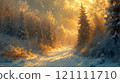 A breathtaking scene of a snowy forest with tall evergreen trees frosted with snow and sparkling with sunlight. 121111710