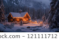 A cozy wooden cabin decorated with holiday lights, set amidst a snowy forest. 121111712