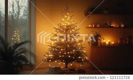 Festive Christmas tree at home. Minimalistic Christmas tree decorated with one sparkling ornament. 121111728