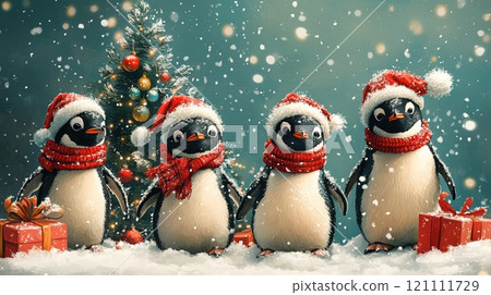 A penguin family gathered around a Christmas tree, wearing festive hats and scarves. A penguin family gathered around a Christmas tree, wearing festive hats and scarves. 121111729
