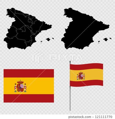 Set of maps, flag and flagpole of Spain. Vector illustration. 121111770
