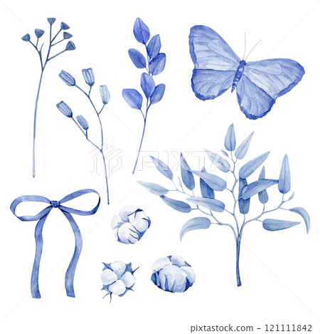 Watercolor set of blue color with eucalyptus branches, dried flowers, cotton bools, butterfly and bow Watercolor set of blue color with eucalyptus branches, dried flowers, cotton bools, butterfly and bow 121111842
