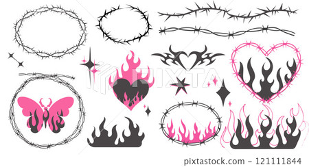 Neo tribal pink emo heart, wings and flame y2k aesthetic tattoo gothic, fire or wings abstract silhouette isolated on background. Divider, border, cyber body ornament, neotribal web goth decoration 121111844