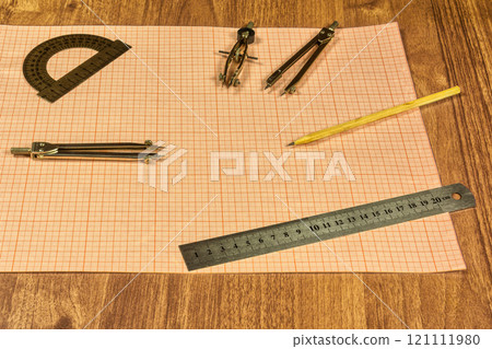 Millimeter paper and drawing accessories. Drawing accessories and millimeter paper Millimeter paper and drawing accessories. Drawing accessories and millimeter paper 121111980