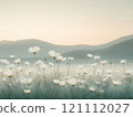 In Qingchen, under the gentle sunlight, a thin mist shrouded in waves and chrysanthemum grass, the background was a series of rolling mountains, and a peaceful landscape. 121112027