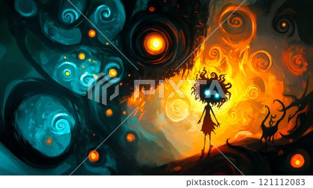 Mysterious girl standing between fire and water with swirls and lights 121112083