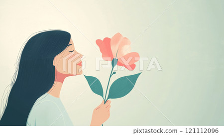 Young woman holding and smelling a big pink flower 121112096