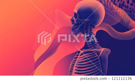 Human skeleton emerging from colorful abstract background representing anatomy and science Human skeleton emerging from colorful abstract background representing anatomy and science 121112136