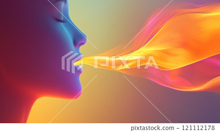 Woman exhaling colorful smoke representing freedom and creativity 121112178