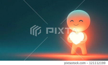 Smiling cartoon character holding glowing heart symbol of love and happiness 121112199