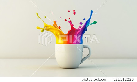 Rainbow paint splashing from white coffee cup on white background 121112226