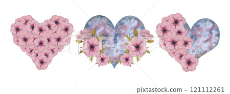 Heart with pink anemone flower. Watercolor and marker illustration. Hand drawn isolated art. Celestial botanical element for Valentine's Day, Mother's Day. Esoteric and spirituality concept. 121112261