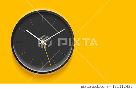 Classic black clock image in realistic flat style, dark timer on yellow background. Business watch. Vector design element for you project 121112422