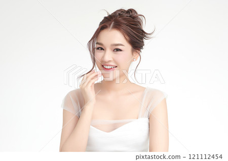 Beautiful young asian woman with clean fresh skin on white background, Face care, Facial treatment, Cosmetology, beauty and spa, Asian women portrait. 121112454