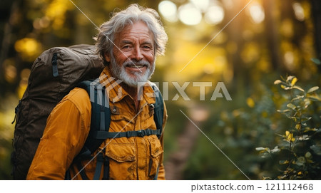 Active Senior: Happy Hiker Enjoys Nature Trail in Golden Sunlight 121112468
