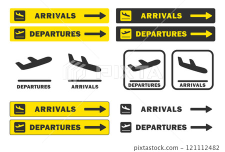 Take off and landing Plane icon symbol set. Arrivals, departures Flight transport sign logo. Airplane vector image. Travel flat illustration. Isolated on yellow background. 121112482