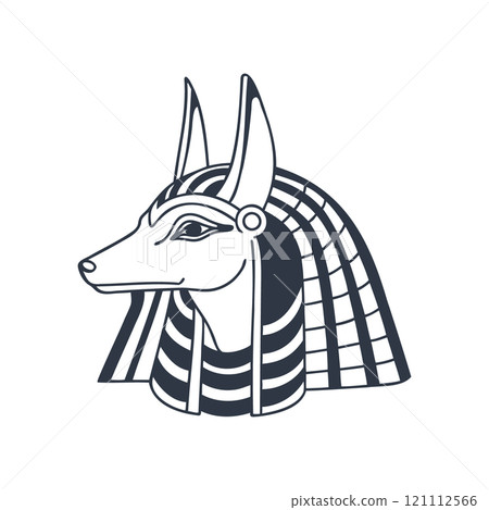 Portrait of Ancient Egyptian God Anubis. Deity with a dog head. God of death. Monochrome illustration 121112566