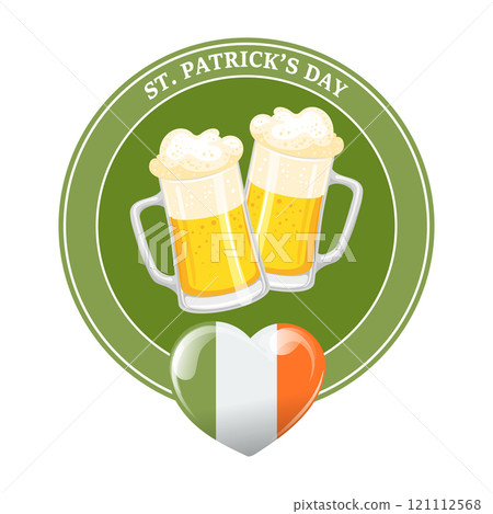 Beer mugs with Irish flag in heart shape. St. Patricks Day. Festive illustration, icon, logo 121112568
