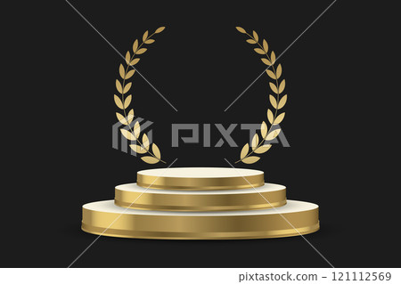 Golden podium with laurel wreath. Empty space design luxury stage for product. 3d realistic illustration on black background. 121112569