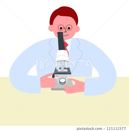 Vector illustration of a man with glasses wearing a white coat excluding a microscope 121112577