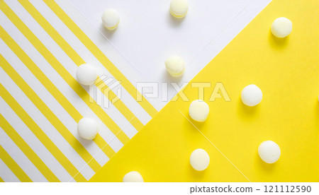 Yellow and white pastel color background. Pop colorful wallpaper. Two tone background. 121112590