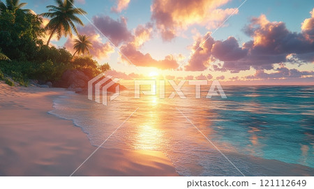Serene Sunrise Over Tropical Beach with Palm Trees 121112649