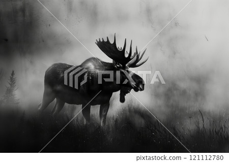 Mysterious moose standing in a foggy forest, evoking a sense of wilderness and solitude. Mysterious moose standing in a foggy forest, evoking a sense of wilderness and solitude. 121112780