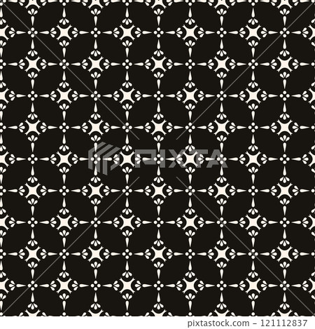 Simple minimalist floral pattern. Minimal seamless texture with small flower shapes. Abstract black and white geometric background. For print, package 121112837