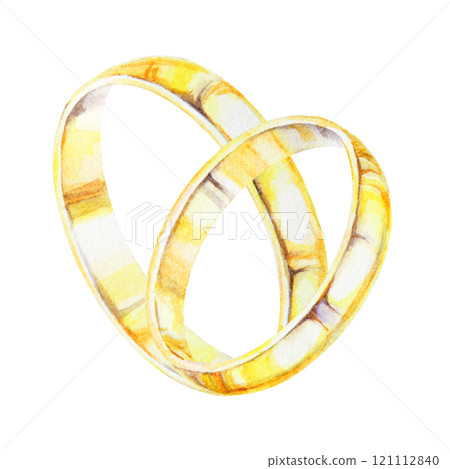 Watercolor illustration of two intertwined golden wedding rings ideal for wedding invitations, romantic projects, anniversary designs. Symbolizing love, unity, commitment. Handdrawn isolated clipart Watercolor illustration of two intertwined golden wedding rings ideal for wedding invitations, romantic projects, anniversary designs. Symbolizing love, unity, commitment. Handdrawn isolated clipart 121112840