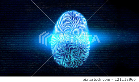 Image of blue glowing fingerprint and information data 121112966