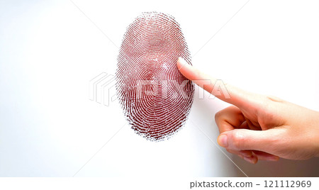 Image of a finger pointing at a large fingerprint Image of a finger pointing at a large fingerprint 121112969