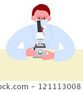 Vector illustration of a man wearing glasses and a mask in a white coat looking through a microscope 121113008