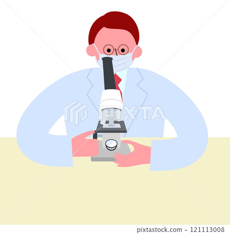 Vector illustration of a man wearing glasses and a mask in a white coat looking through a microscope 121113008