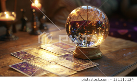 Crystal ball and tarot cards background AI image 121113124