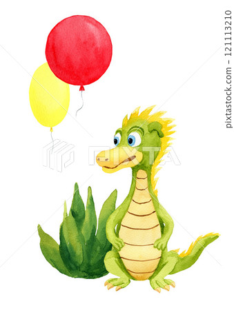 Green dragon sitting near grass with hellium balloons on white background. Cute baby hand drawn illustration for greeting cards, kid posters, decor 121113210
