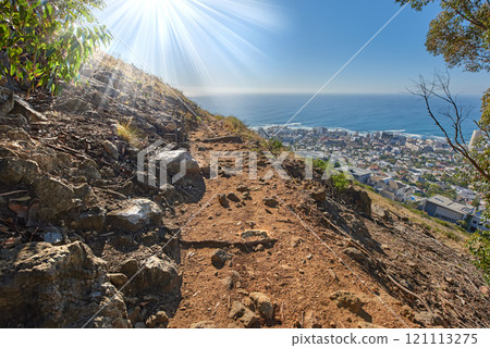 Remote mountain hiking trail on Table Mountain. Mountainous walking path surrounded by bushes and trees. Pathway on a mountaintop. Popular tourist attraction in Cape Town. Walking trails to explore 121113275