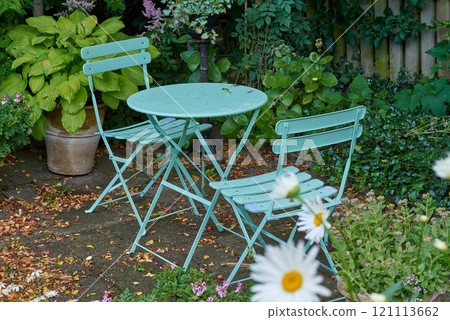 Chairs and a table with blossoming plants in a park or private patio outdoors. Empty seating in a lush green garden to relax and enjoy a picnic or fresh and stressless day in nature during spring Chairs and a table with blossoming plants in a park or private patio outdoors. Empty seating in a lush green garden to relax and enjoy a picnic or fresh and stressless day in nature during spring 121113662