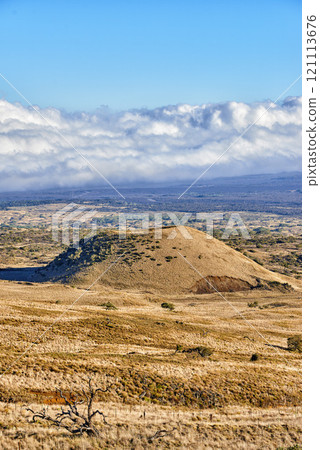 Crater of Muana Loa in Hawaii, Big Island, USA. view of a mountain landscape with an active volcano. Viewpoint of a volcanic structure on the earths largest mountain range in remote land at sunset 121113676