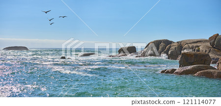Calm sea landscape with boulders on a blue horizon, sunny day in South Africa. Peaceful seascape with ocean birds over stunning turquoise water by rocky coastline with copy space at travel location 121114077