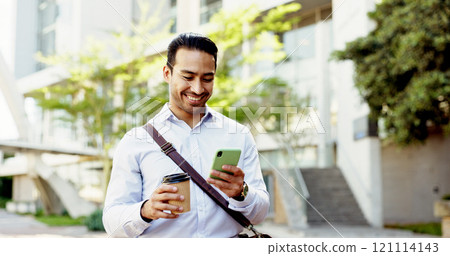 Happy, businessman and phone with coffee in city for online chatting, texting or app. Man, employee or traveler with smile on mobile smartphone for browsing, reading news or social media in town 121114143