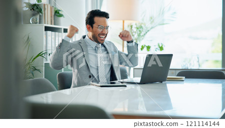 Office, happy man and success with celebration, laptop and business and investment banking firm. Male person, victory and technology in communication for financial review, audit or career opportunity Office, happy man and success with celebration, laptop and business and investment banking firm. Male person, victory and technology in communication for financial review, audit or career opportunity 121114144