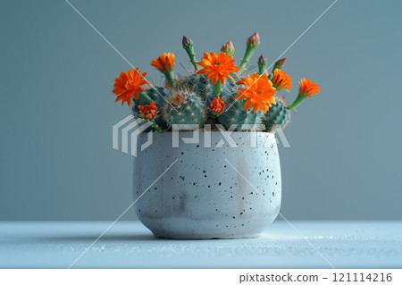 Vibrant orange flowers blooming from a charming cactus in a stylish pot. 121114216