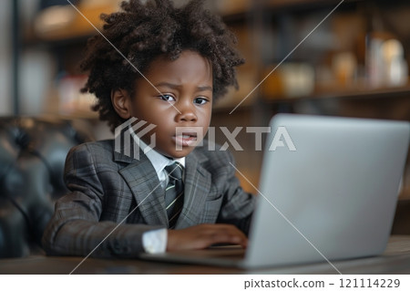 Young boy in a suit focused on a laptop in a stylish indoor environment. Young boy in a suit focused on a laptop in a stylish indoor environment. 121114229