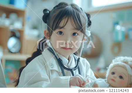 Young child plays doctor with stethoscope and doll, fostering imagination and creativity. 121114243