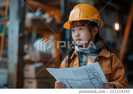 Young girl in construction helmet analyzing building plans indoors with focus. 121114245