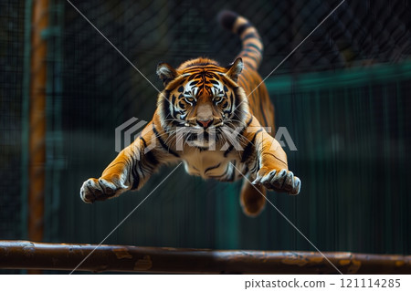 A majestic tiger leaps through the air with powerful grace and agility. 121114285